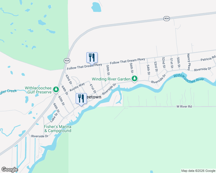 map of restaurants, bars, coffee shops, grocery stores, and more near 5921 Riverside Drive in Yankeetown
