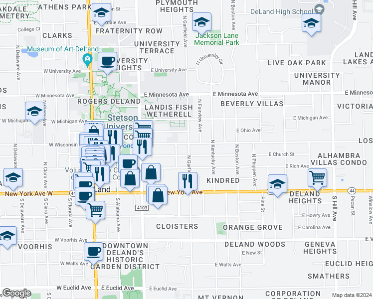 map of restaurants, bars, coffee shops, grocery stores, and more near 230 North Garfield Avenue in DeLand