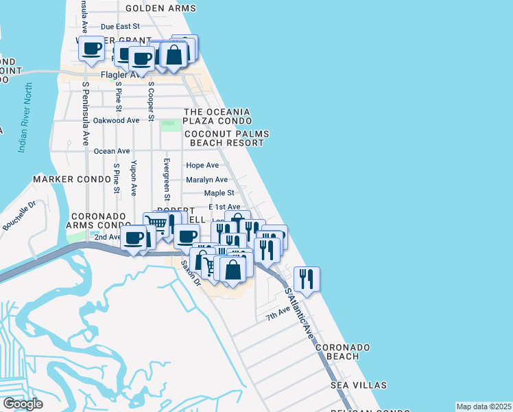 map of restaurants, bars, coffee shops, grocery stores, and more near 1st Avenue in New Smyrna Beach