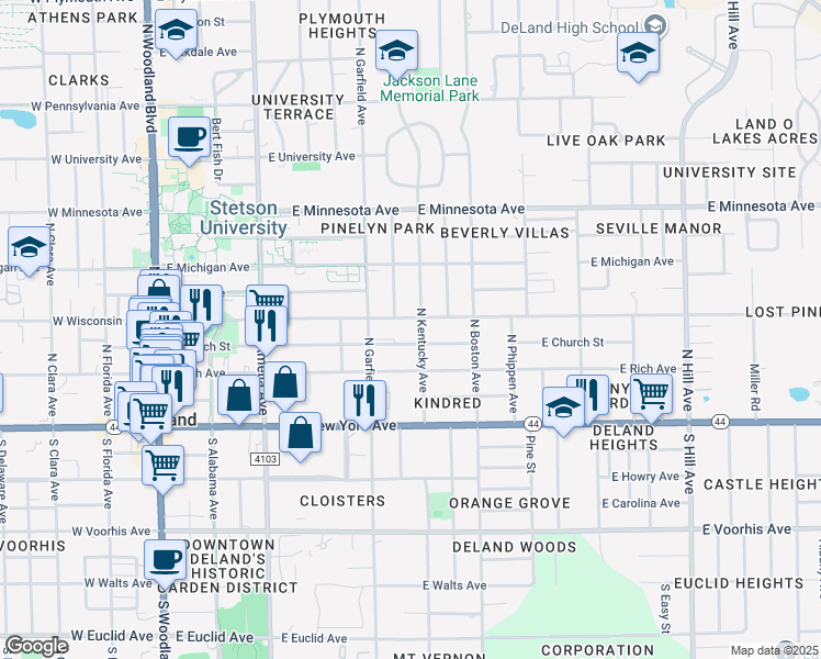map of restaurants, bars, coffee shops, grocery stores, and more near 526 East Church Street in DeLand