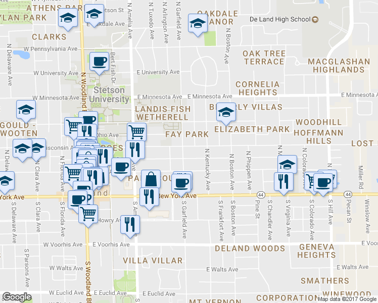 map of restaurants, bars, coffee shops, grocery stores, and more near 526 East Church Street in DeLand