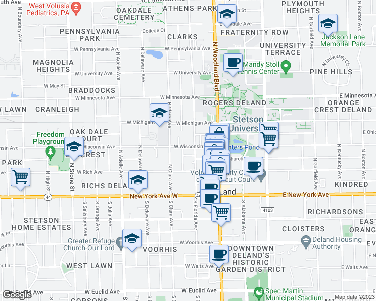 map of restaurants, bars, coffee shops, grocery stores, and more near 210 Luella Court in DeLand