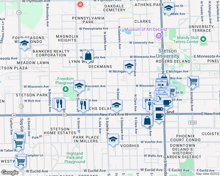 map of restaurants, bars, coffee shops, grocery stores, and more near 228 North Adelle Avenue in DeLand