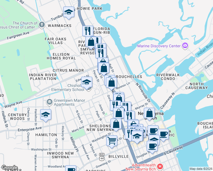map of restaurants, bars, coffee shops, grocery stores, and more near 605 Dora Street in New Smyrna Beach