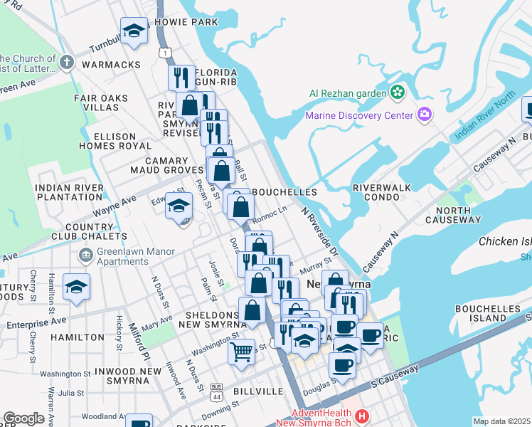 map of restaurants, bars, coffee shops, grocery stores, and more near 536 Ball Street in New Smyrna Beach