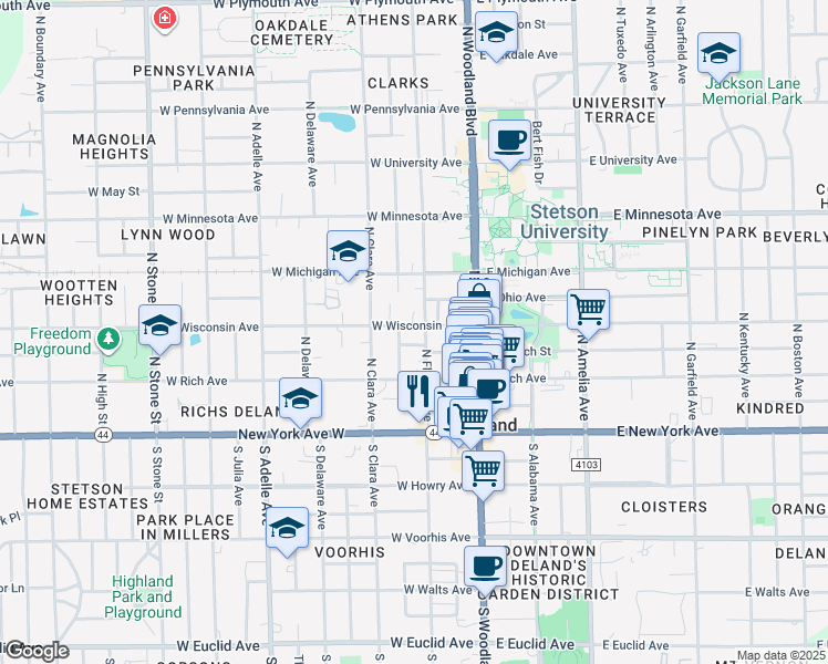 map of restaurants, bars, coffee shops, grocery stores, and more near 210 Luella Court in DeLand