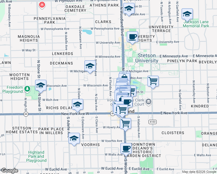 map of restaurants, bars, coffee shops, grocery stores, and more near 204 West Wisconsin Avenue in DeLand