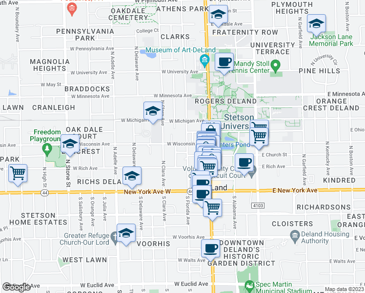 map of restaurants, bars, coffee shops, grocery stores, and more near 206 West Wisconsin Avenue in DeLand