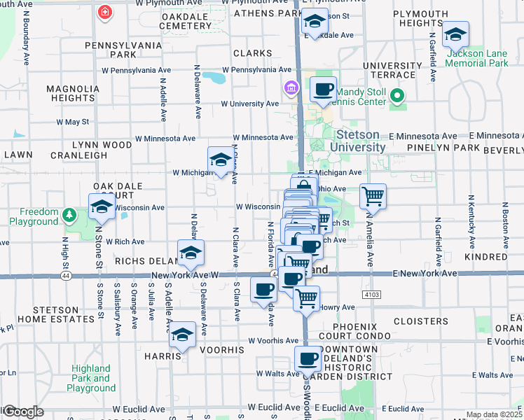 map of restaurants, bars, coffee shops, grocery stores, and more near 208 West Wisconsin Avenue in DeLand