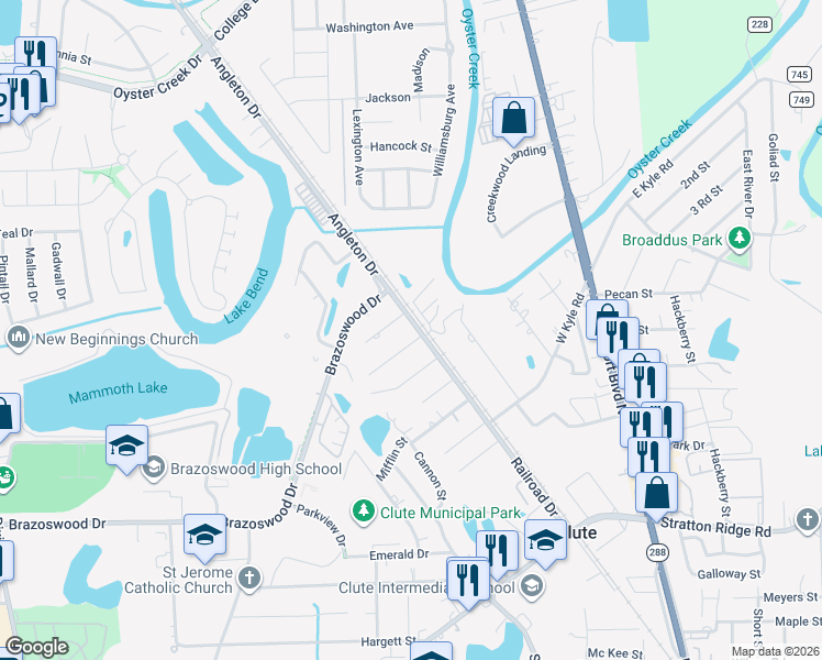 map of restaurants, bars, coffee shops, grocery stores, and more near 530 James Street in Clute