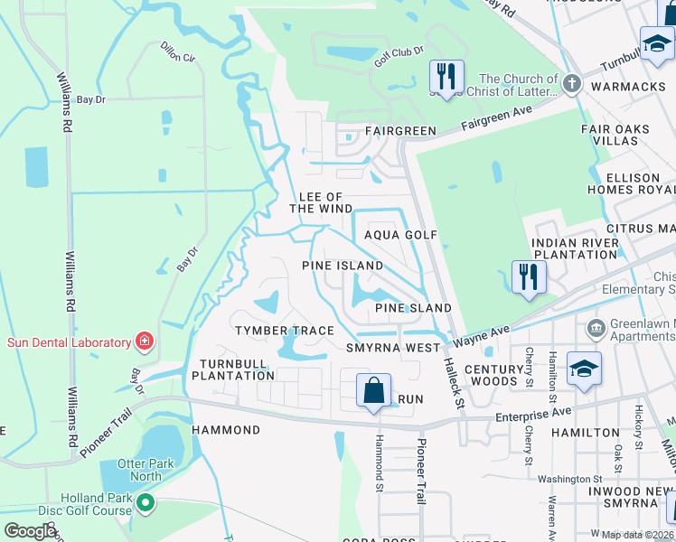 map of restaurants, bars, coffee shops, grocery stores, and more near 798 Pine Shores Circle in New Smyrna Beach