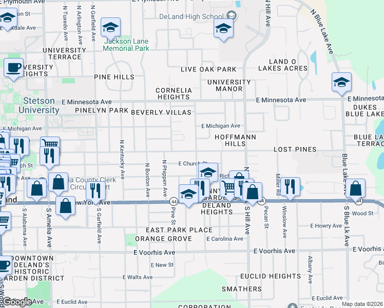 map of restaurants, bars, coffee shops, grocery stores, and more near 855 East Church Street in DeLand