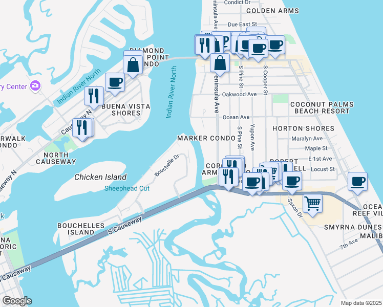 map of restaurants, bars, coffee shops, grocery stores, and more near 437 Bouchelle Drive in New Smyrna Beach