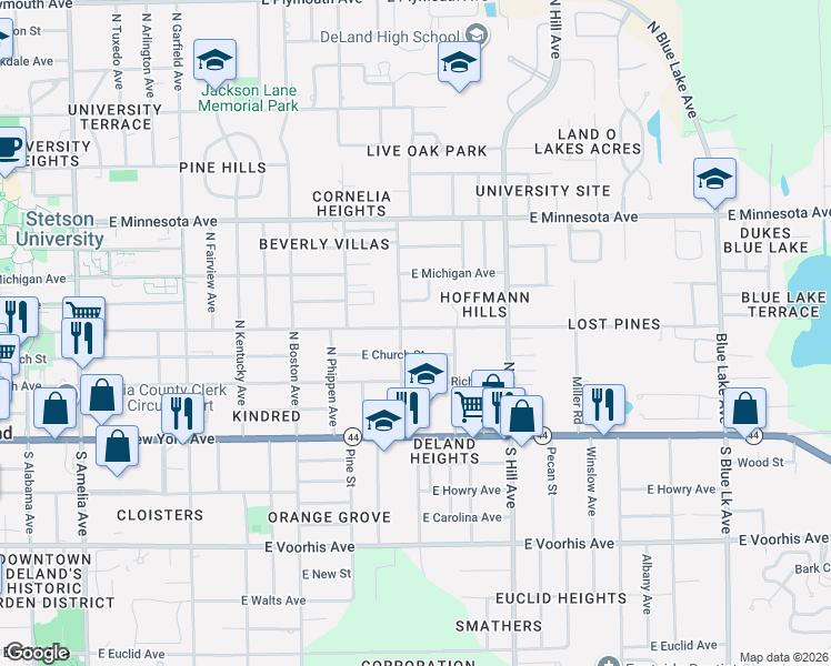 map of restaurants, bars, coffee shops, grocery stores, and more near 902 East Wisconsin Avenue in DeLand
