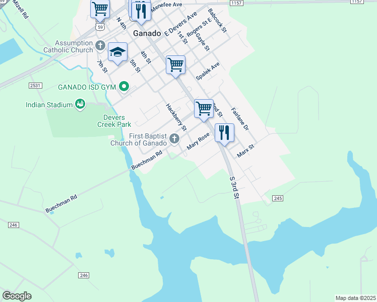 map of restaurants, bars, coffee shops, grocery stores, and more near 305 Mary Rose in Ganado
