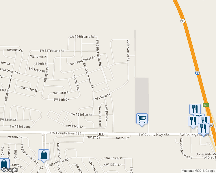 map of restaurants, bars, coffee shops, grocery stores, and more near Southwest 29th Avenue Road in Ocala