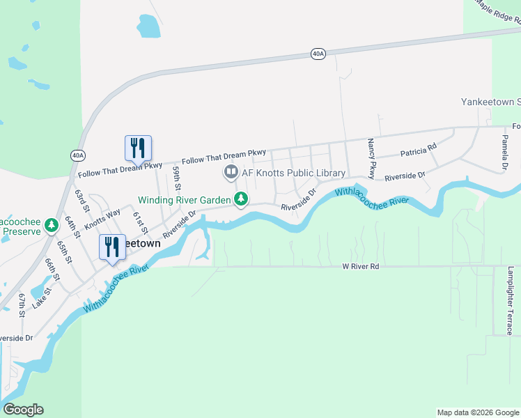 map of restaurants, bars, coffee shops, grocery stores, and more near 5506 Riverside Drive in Yankeetown