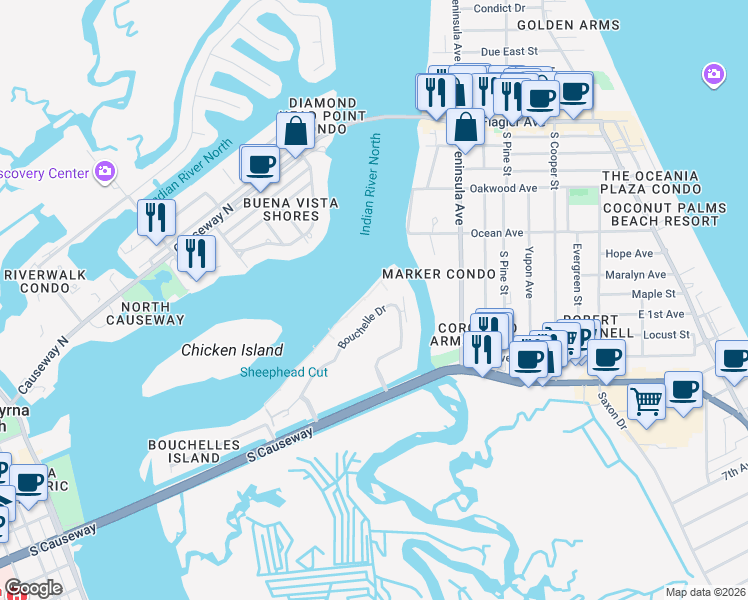 map of restaurants, bars, coffee shops, grocery stores, and more near 442 Bouchelle Drive in New Smyrna Beach