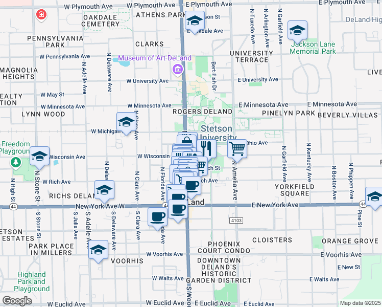 map of restaurants, bars, coffee shops, grocery stores, and more near 319 North Woodland Boulevard in DeLand