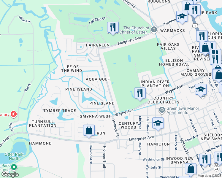 map of restaurants, bars, coffee shops, grocery stores, and more near 801 Fairway Drive in New Smyrna Beach