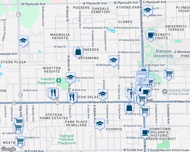 map of restaurants, bars, coffee shops, grocery stores, and more near 312 North Adelle Avenue in DeLand