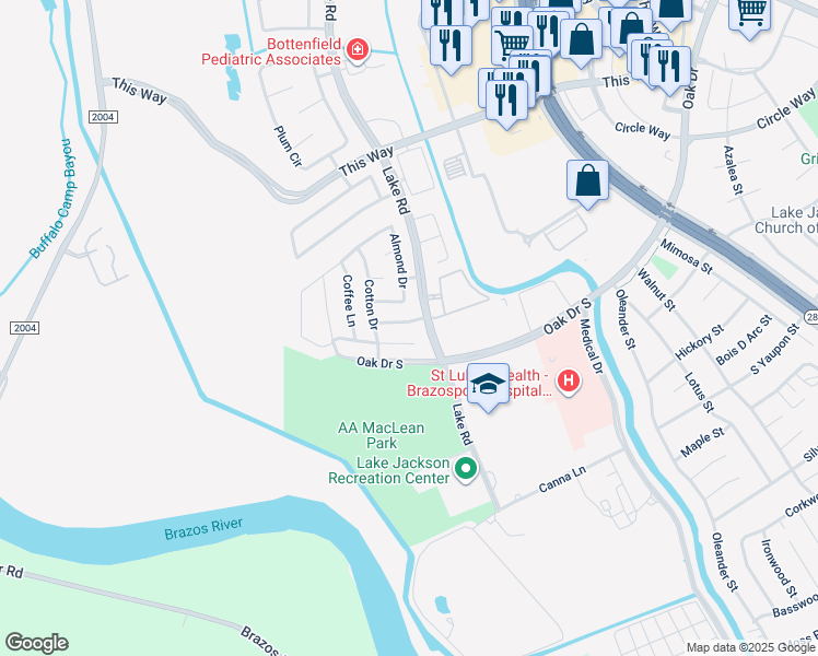 map of restaurants, bars, coffee shops, grocery stores, and more near 107 Cacao Street in Lake Jackson