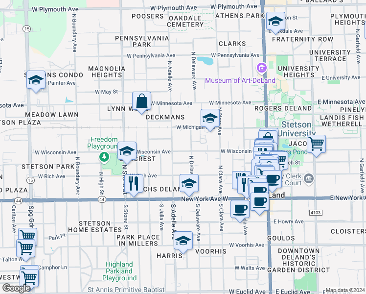 map of restaurants, bars, coffee shops, grocery stores, and more near 360 North Delaware Avenue in DeLand