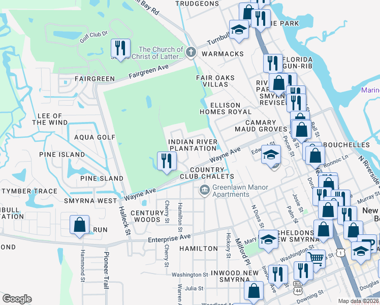 map of restaurants, bars, coffee shops, grocery stores, and more near 9 Fairway Circle in New Smyrna Beach
