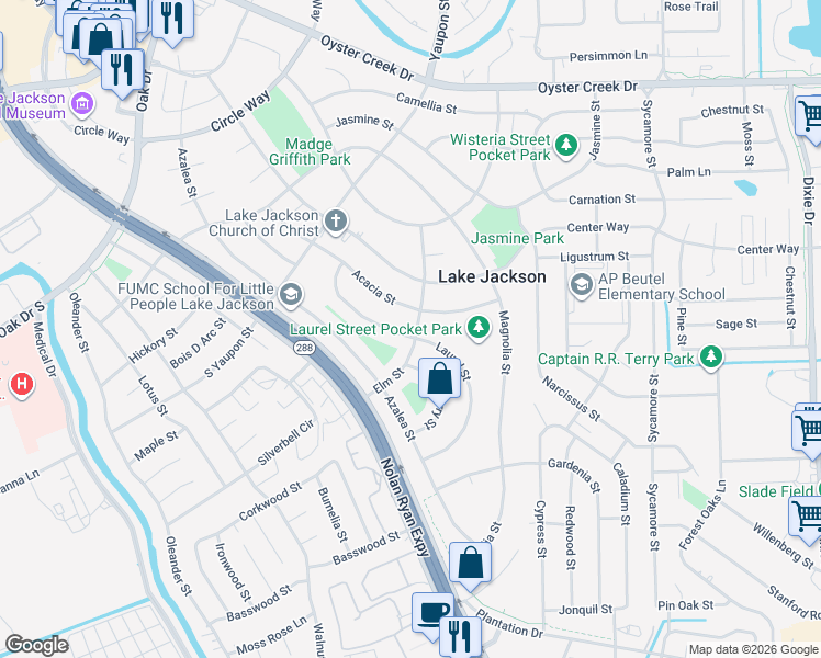 map of restaurants, bars, coffee shops, grocery stores, and more near 240 Acacia Street in Lake Jackson
