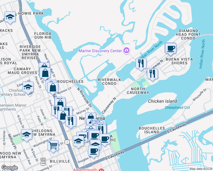 map of restaurants, bars, coffee shops, grocery stores, and more near 48 Jacaranda Cay Court in New Smyrna Beach