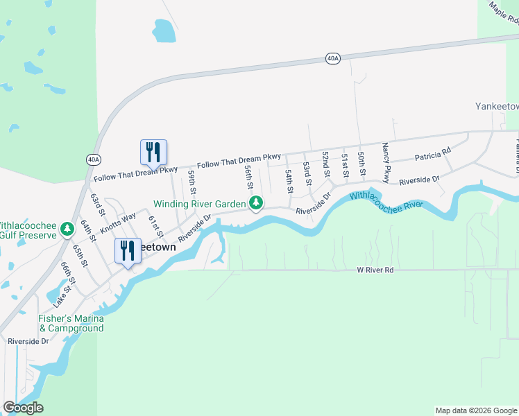map of restaurants, bars, coffee shops, grocery stores, and more near 5506 Riverside Drive in Yankeetown