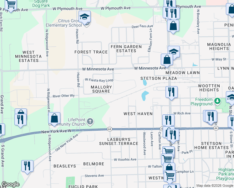 map of restaurants, bars, coffee shops, grocery stores, and more near 271 East Fiesta Key Loop in DeLand