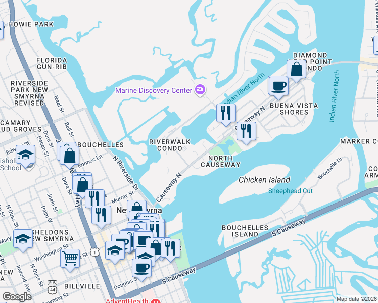 map of restaurants, bars, coffee shops, grocery stores, and more near 127 Lagoon Court in New Smyrna Beach