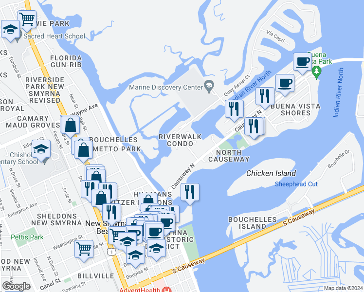 map of restaurants, bars, coffee shops, grocery stores, and more near 48 Jacaranda Cay Court in New Smyrna Beach