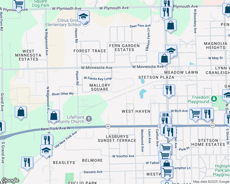 map of restaurants, bars, coffee shops, grocery stores, and more near 271 East Fiesta Key Loop in DeLand