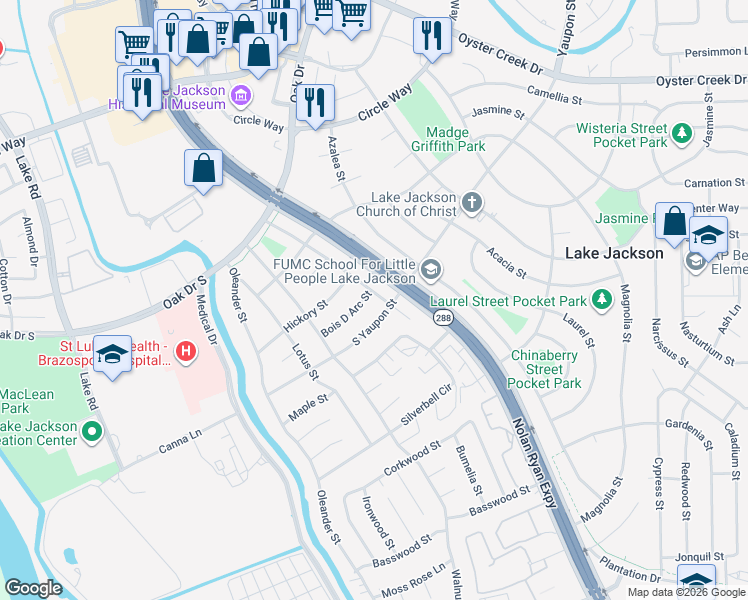 map of restaurants, bars, coffee shops, grocery stores, and more near 102 Bois D Arc Street in Lake Jackson