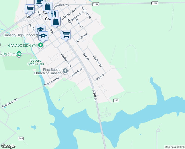 map of restaurants, bars, coffee shops, grocery stores, and more near 1115 South 3rd Street in Ganado