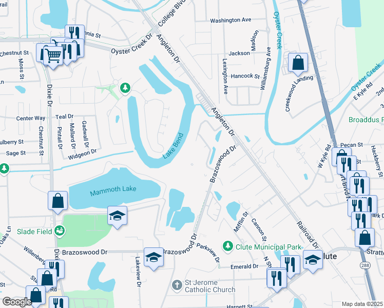 map of restaurants, bars, coffee shops, grocery stores, and more near 201 Verde Drive in Clute
