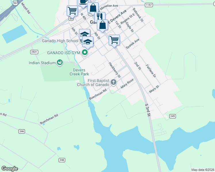 map of restaurants, bars, coffee shops, grocery stores, and more near 401 Elm Drive in Ganado