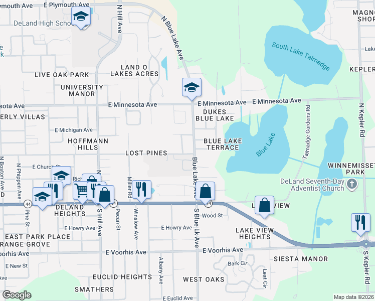 map of restaurants, bars, coffee shops, grocery stores, and more near 309 North Blue Lake Avenue in DeLand