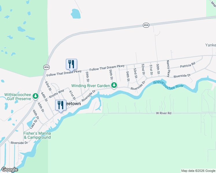 map of restaurants, bars, coffee shops, grocery stores, and more near 5610 Riverside Drive in Yankeetown