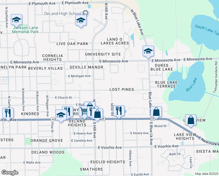 map of restaurants, bars, coffee shops, grocery stores, and more near 300 Miller Road in DeLand