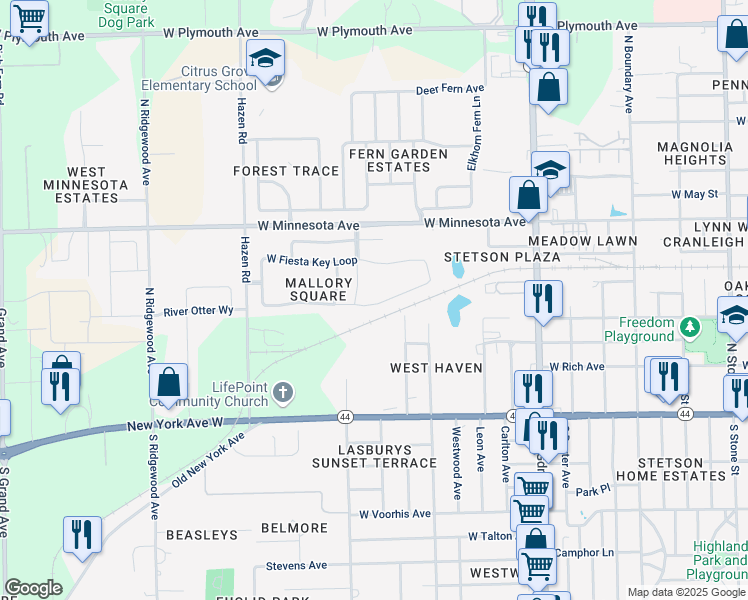 map of restaurants, bars, coffee shops, grocery stores, and more near 271 East Fiesta Key Loop in DeLand