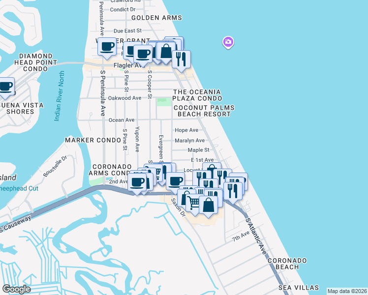 map of restaurants, bars, coffee shops, grocery stores, and more near 821 Maralyn Avenue in New Smyrna Beach