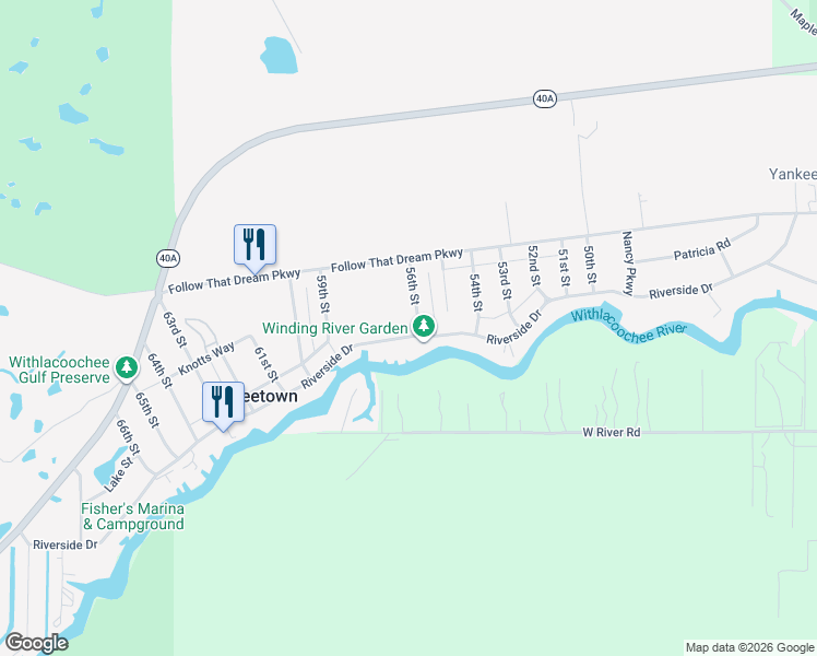map of restaurants, bars, coffee shops, grocery stores, and more near 5610 Riverside Drive in Yankeetown