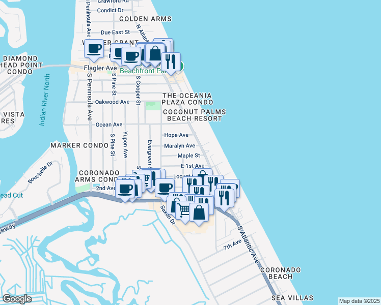 map of restaurants, bars, coffee shops, grocery stores, and more near 821 Maralyn Avenue in New Smyrna Beach