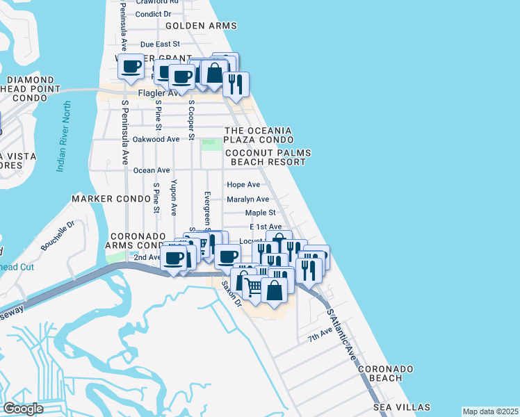 map of restaurants, bars, coffee shops, grocery stores, and more near 821 Maralyn Avenue in New Smyrna Beach