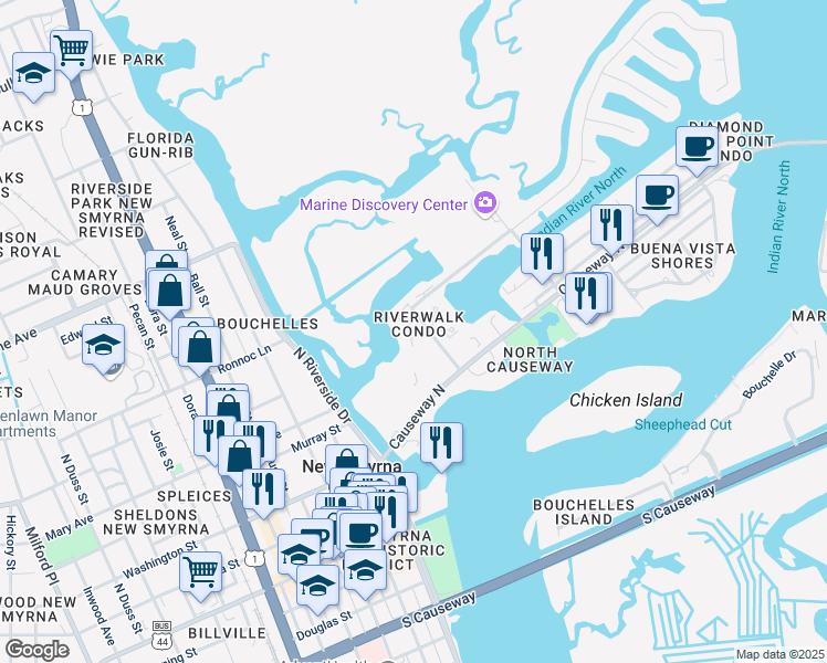 map of restaurants, bars, coffee shops, grocery stores, and more near 48 Jacaranda Cay Court in New Smyrna Beach