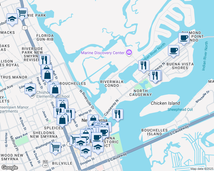 map of restaurants, bars, coffee shops, grocery stores, and more near 110 Poinciana Cove in New Smyrna Beach