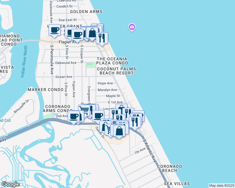 map of restaurants, bars, coffee shops, grocery stores, and more near 918 Maple Street in New Smyrna Beach